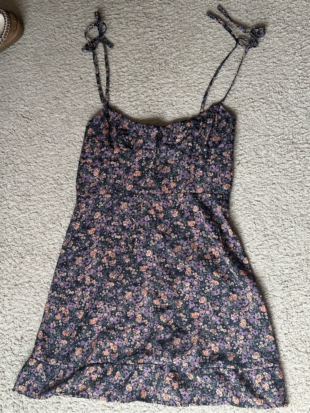 Floral Tie-Shoulder Sundress - Black with Pink & Purple Floral